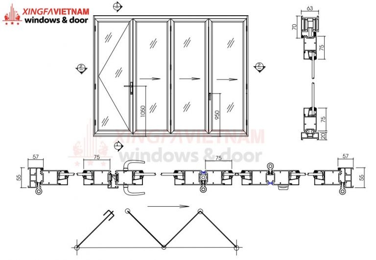 cửa đi mở xếp gấp 4 cánh nhôm xingfa