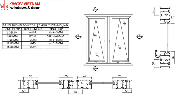 Bản vẽ cửa sổ mở hất 2 cánh nhôm Xingfa Quảng Đông tem đỏ