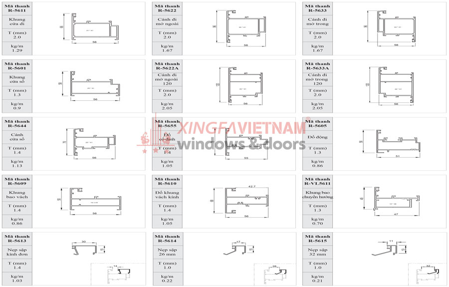 Mặt Cắt Cửa Nhôm Hệ 56