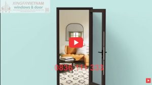 Cửa đi Mở Quay 1 Cánh Nhôm Xingfa Quảng Đông Tem đỏ Màu Nâu Cafe Bản Lề 4d