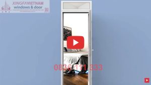 Cửa đi Mở Quay 1 Cánh Nhôm Xingfa Quảng Đông Tem đỏ Màu Trắng Ngà Bản Lề 3d 1