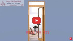 Cửa đi Mở Quay 1 Cánh Nhôm Xingfa Quảng Đông Tem đỏ Màu Vân Gỗ Bản Lề 3d