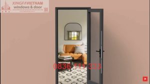 Cửa đi Mở Quay 1 Cánh Nhôm Xingfa Quảng Đông Tem đỏ Màu Xám Ghi Bản Lề 4d