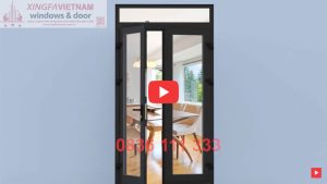 Cửa đi Mở Quay 2 Cánh Nhôm Xingfa Quảng Đông Tem đỏ Màu đen Tuyền Bản Lề 3d