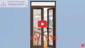 Cửa đi Mở Quay 2 Cánh Nhôm Xingfa Quảng Đông Tem đỏ Màu Nâu Cafe Bản Lề 3d 1