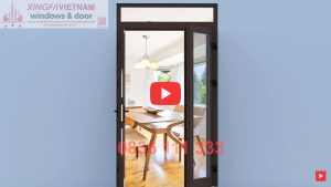 Cửa đi Mở Quay 2 Cánh Nhôm Xingfa Quảng Đông Tem đỏ Màu Nâu Cafe Bản Lề 3d