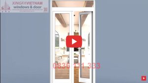 Cửa đi Mở Quay 2 Cánh Nhôm Xingfa Quảng Đông Tem đỏ Màu Trắng Ngà Bản Lề 3d 1