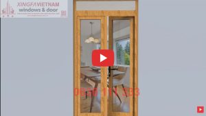 Cửa đi Mở Quay 2 Cánh Nhôm Xingfa Quảng Đông Tem đỏ Màu Vẫn Gỗ Bản Lề 3d