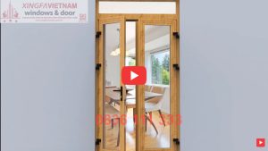Cửa đi Mở Quay 2 Cánh Nhôm Xingfa Quảng Đông Tem đỏ Màu Vân Gỗ Bản Lề 3d