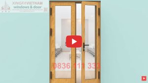 Cửa đi Mở Quay 2 Cánh Nhôm Xingfa Quảng Đông Tem đỏ Màu Vân Gỗ Bản Lề 4d