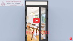 Cửa đi Mở Quay 2 Cánh Nhôm Xingfa Quảng Đông Tem đỏ Màu Xám Ghi Bản Lề 3d