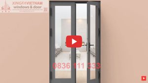 Cửa đi Mở Quay 2 Cánh Nhôm Xingfa Quảng Đông Tem đỏ Màu Xám Ghi Bản Lề 4d