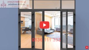 Cửa đi Mở Quay 4 Cánh Nhôm Xingfa Quảng Đông Tem đỏ Màu Xám Ghi Bản Lề 3d