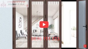Cửa đi Mở Xếp Gấp 4 Cánh Nhôm Xingfa Quảng Đông Tem đỏ Màu Nâu Cafe