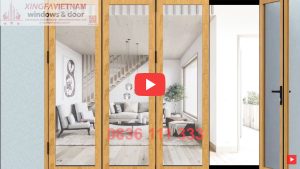 Cửa đi Mở Xếp Gấp 4 Cánh Nhôm Xingfa Quảng Đông Tem đỏ Màu Vân Gỗ