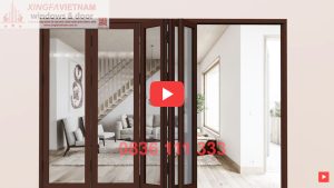 Cửa đi Mở Xếp Gấp 5 Cánh Nhôm Xingfa Quảng Đông Tem đỏ Màu Nâu Cafe