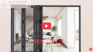 Cửa đi Mở Xếp Gấp 5 Cánh Nhôm Xingfa Quảng Đông Tem đỏ Màu Xám Ghi