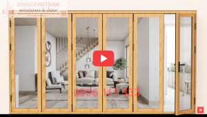 Cửa đi Mở Xếp Gấp 6 Cánh Nhôm Xingfa Quảng Đông Tem đỏ Màu Vân Gỗ
