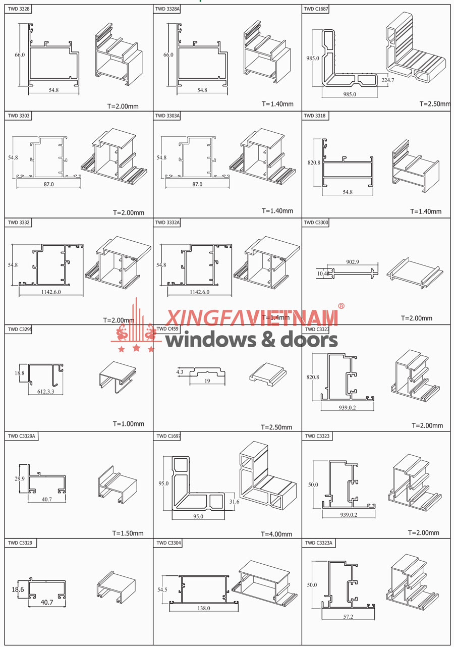 Mặt Cắt Kĩ Thuật Hệ Cửa Nhôm Xingfa 55